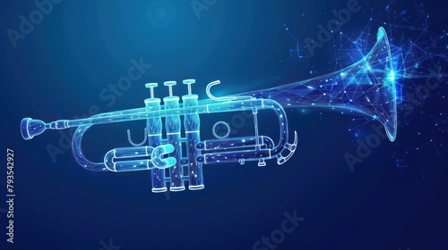Trumpet cornet, wind musical instrument, from futuristic polygonal blue lines and glowing stars for banner, poster, greeting card. AI generated photo
