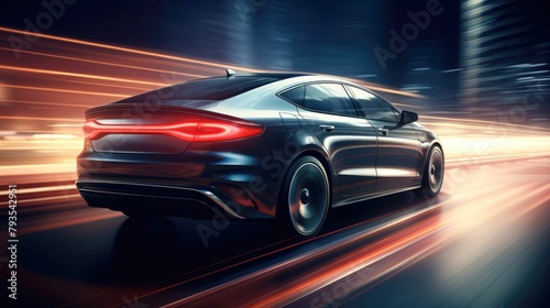 Enhanced turbocharged engine in a sleek sedan under diffused soft lighting, emphasizing speed photo