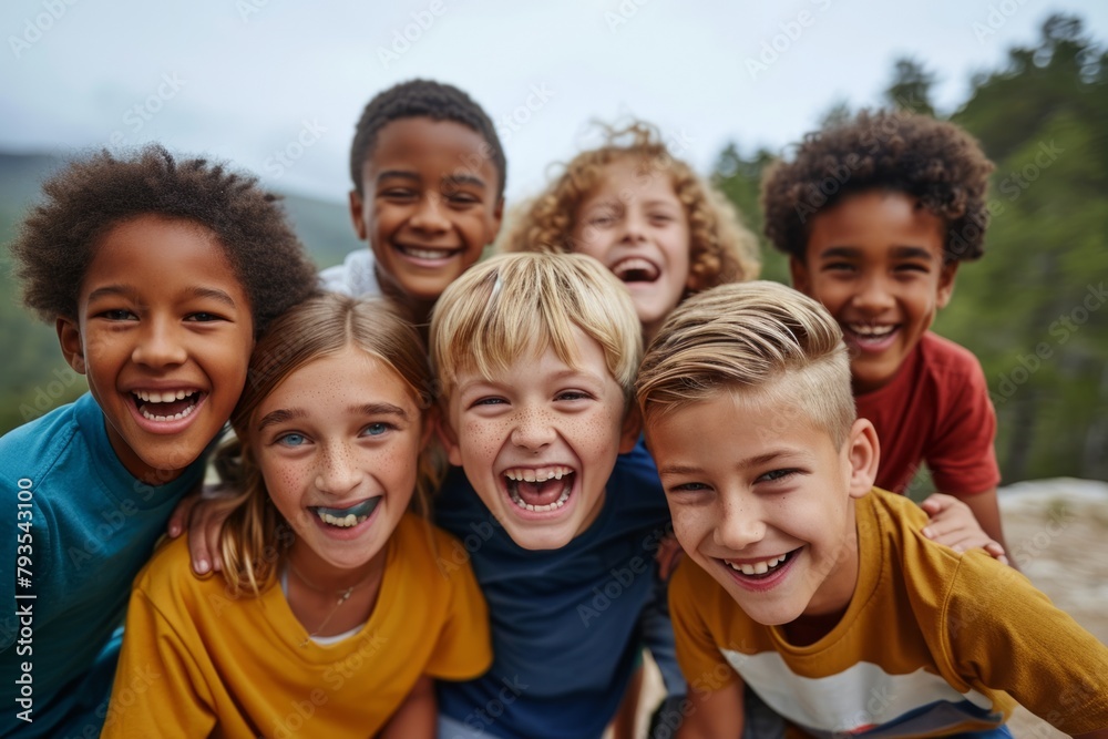 Diverse group of children smiling and having fun together in the forest Diverse group of children smiling and having fun together in the forest