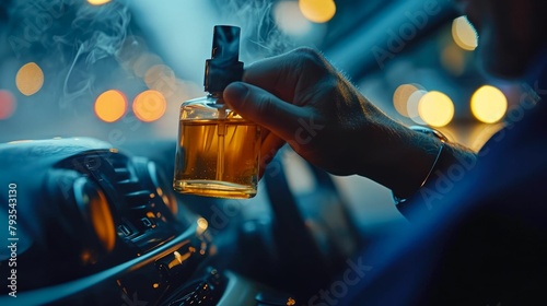 visual representation of our signature scent application, with a technician using a specialized diffuser to infuse a clean and refreshing fragrance into a car's interior after thorough cleaning photo