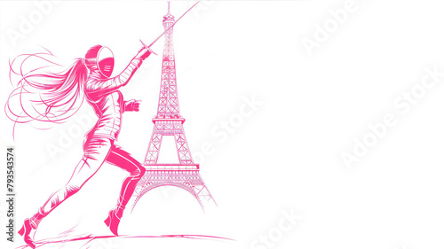 Pink illustration of female fencer holding a sword by eiffel tower