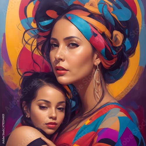 A stunning portrait of a mother, rendered in a bold and modern art style, showcasing the strength and grace of a woman who nurtures and protects her family. © moiz