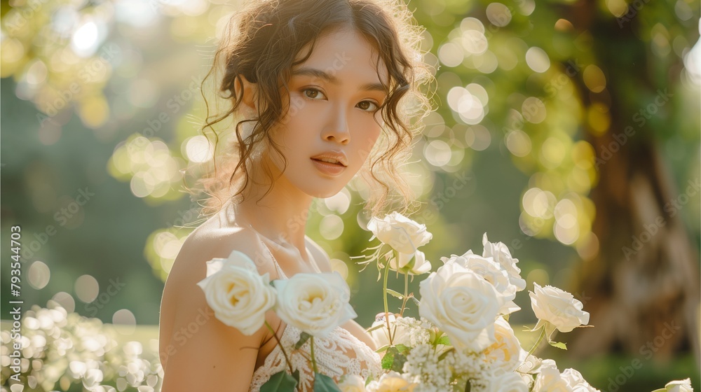 A young woman holds a bouquet of white flowers, standing in a sunlit garden, exuding a serene and ethereal vibe, sunlit bouquet bliss
