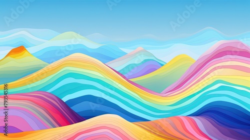 Colorful Illustration Children's Drawing of Rainbow Mountains in Peru Wallpaper Background Beautiful Nature Landscape Blue Sky Panorama Concept of Adventure Travel Eco Tour with Copy Space 16:9	 photo