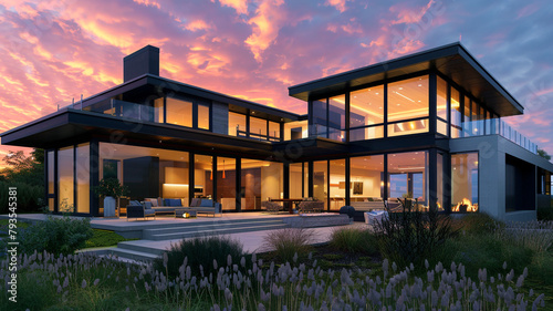 A modern coastal home with sleek design and open spaces, bathed in the warm glow of a summer sunset.