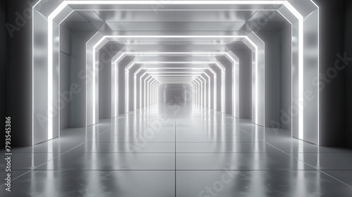  3D White Room - Futuristic Space Tunnel with Neon Lights 