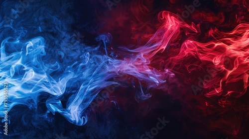 Abstract red and blue smoke intertwining against a dark background