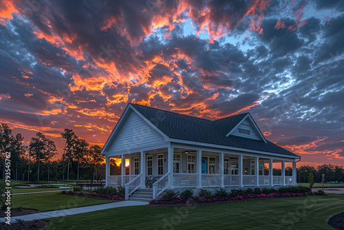 A new clubhouse with a white porch and gable roof under the glow of a dramatic sunset, captured in ultra HD. photo