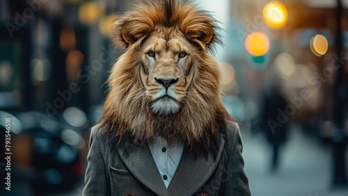 Regal lion roams urban streets in refined attire  epitomizing street style. The realistic city backdrop frames this majestic feline  seamlessly blending wild majesty with contemporary fashion in a cap