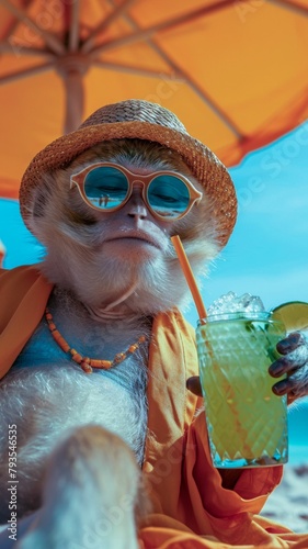 A monkey in human clothes lies on a sunbathe on the beach, on a sun lounger, under a bright sun umbrella, drinks a mojito with ice from a glass glass with a straw, smiles, summer tones, bright rich co © Дмитрий Симаков