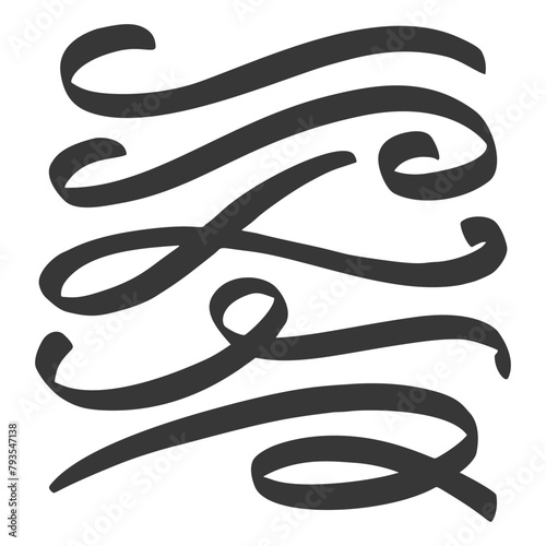 Swoosh hand drawn underlines. Swash and swish curly strokes. Squiggle calligraphic tails and dividers set. Vector decorative elegant flourish vintage elements. Wavy scroll swoop.