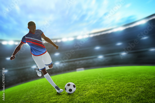 3d illustration young professional soccer player kicking ball in the stadium field with blue sky © fotokitas