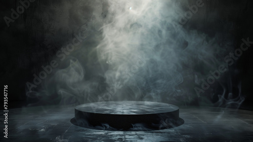 "Dark Stage - Abstract Platform with Foggy Background and Spotlight"