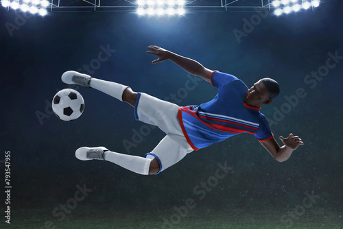 3d illustration young professional soccer player kicking ball in empty stadium field at night © fotokitas