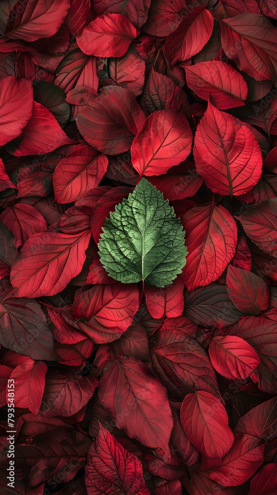 A leaf is placed in the middle of a red background. The image has a calming and peaceful mood, as the leaf is surrounded by other leaves, creating a sense of harmony and balance