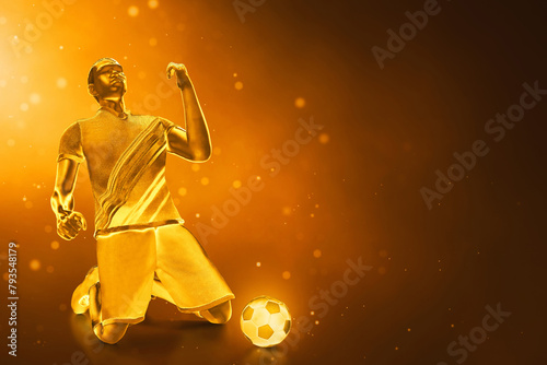 3d illustration glowing shiny golden young professional soccer player celebration on dark background © fotokitas