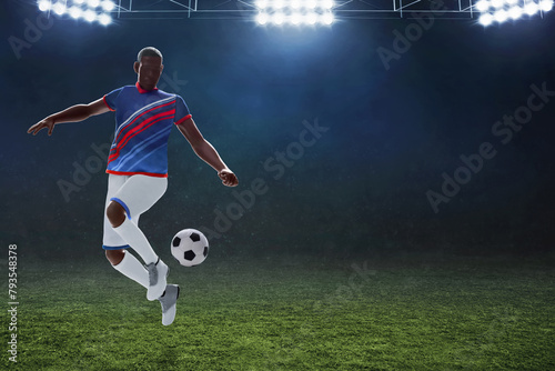 3d illustration young professional soccer player freestyle jumping in empty stadium field at night © fotokitas