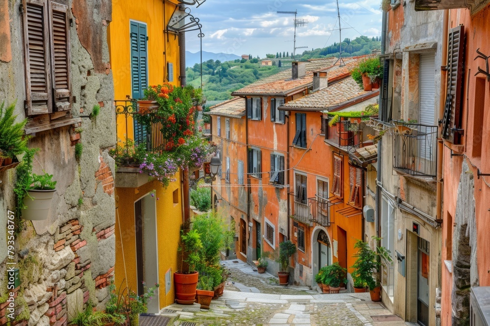 A charming Italian village with narrow cobblestone streets and colorful houses
