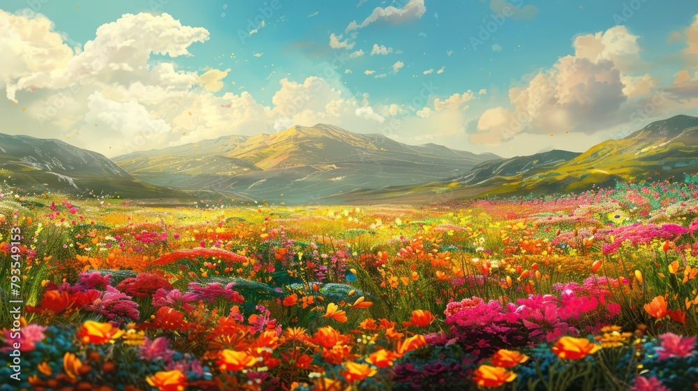 Fototapeta premium Experience the symphony of colors in a picturesque flower landscape, where the vibrant palette of nature's paintbrush unfolds in a stunning visual feast for the senses.