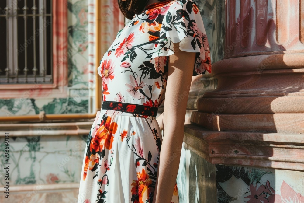 A chic midi dress with a floral print and a flattering silhouette