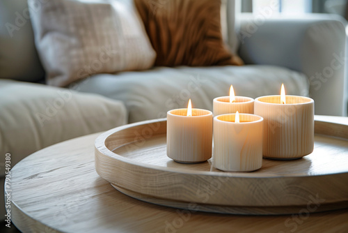 Close up of wooden round coffee table with candles near sofa. Scandinavian interior design of modern living room  home.