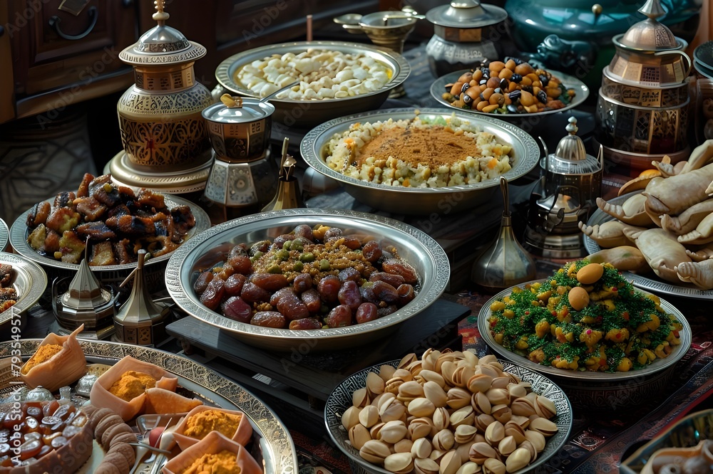 Traditional oriental dishes on the table. Uzbek cuisine. Close-up. Generated AI