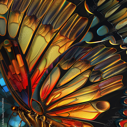 Vector 3D close-up of a vibrant butterfly wing, detailed scales and patterns,