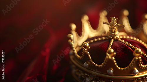 A gold crown sits on a red background. The crown is ornate and has a cross on top. The red background adds a sense of royalty and grandeur to the image