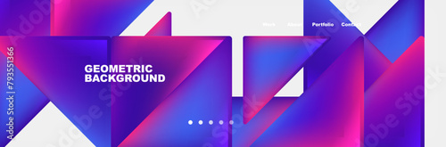 A geometric background with parallel purple and azure triangles, creating symmetry on a white canvas. The shapes range from rectangle to triangle, with a font inspired by violet and magenta colors