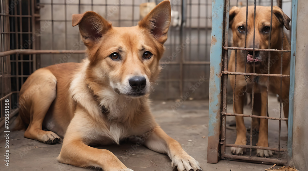 Closeup of A Stray homeless dog in animal shelter cage with an ...
