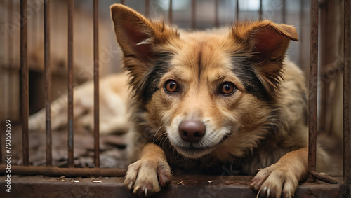 Closeup of A Stray homeless dog in animal shelter cage with an abandoned hungry dog behind old rusty grid of the cage in shelter, homeless animals, dirty