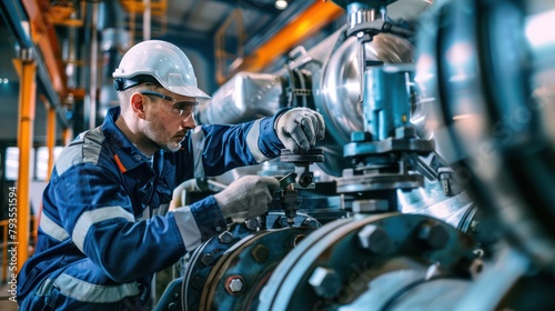 Close-up shot of an engineer inspecting and repairing industrial equipment, demonstrating their expertise and commitment to ensuring smooth operation.