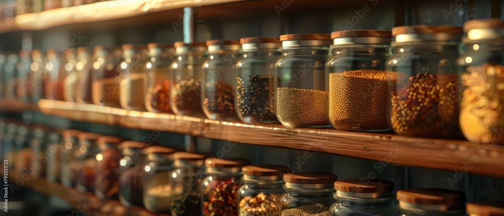 Jars of Seed and Grain Samples on Shelves