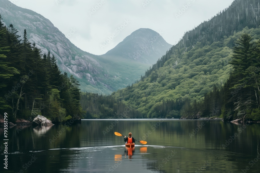 Kayaker paddling on a serene mountain lake