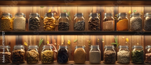 Jars of Seed and Grain Samples on Shelves