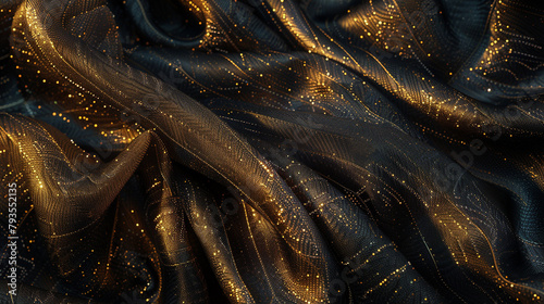 A luxurious texture of golden threads woven into a dark fabric, creating an abstract pattern that shimmers with movement and light.