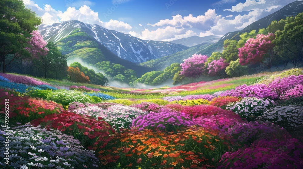 Experience the symphony of colors in a picturesque flower landscape, where the vibrant palette of nature's paintbrush unfolds in a stunning visual feast for the senses.