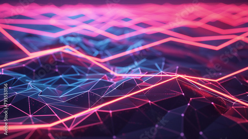 Neon light beams crisscrossing a low poly landscape, depicting the interconnectedness of global data paths photo