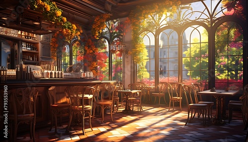 vibrant ambiance of a sunlit caf   interior