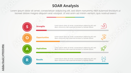 SOAR analysis infographic concept for slide presentation with horizontal bar percentage with 4 point list with flat style