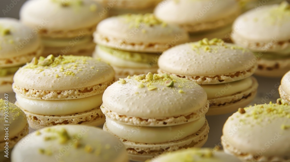 Classic French confections lemon and pistachio macarons filled with cream