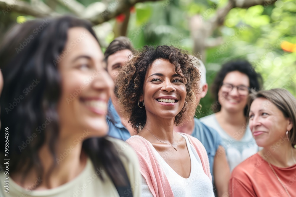 Group of diverse friends hanging out together in a park smiling and having fun Group of diverse friends hanging out together in a park smiling and having fun