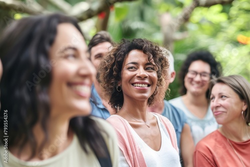 Group of diverse friends hanging out together in a park smiling and having fun