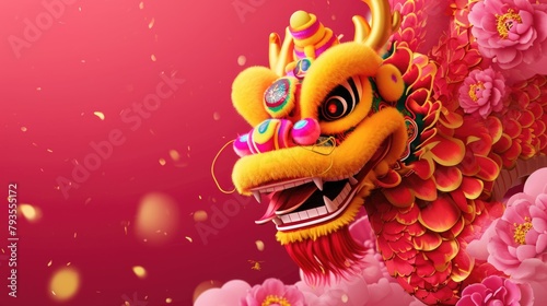 Dragon with red and yellow body and pink flowers in background © Alexandr