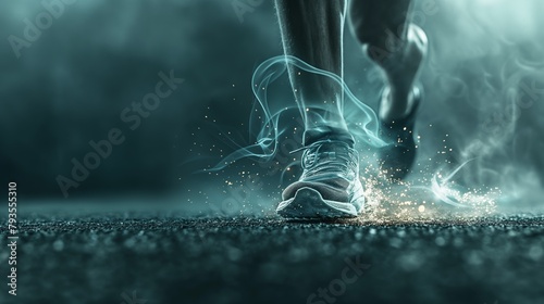 Photo of lower legs of a runner in motion, with a subtle glow highlighting the muscles and movement, while the focus remains on the sleek running shoes propelling them forward photo