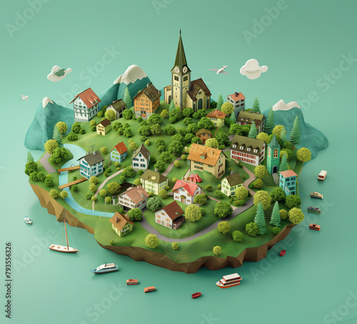 Isometric 3D image of important landmarks of Sweden on a green background. Landscape of the country.