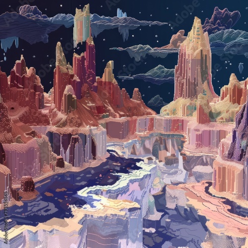 A colorful, pixelated landscape with a river running through it