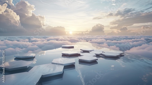 Floating hexagonal platforms above a cloud-covered sky