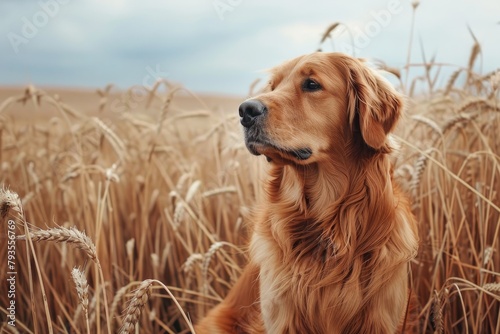 A majestic golden retriever sitting in a field of golden wheat