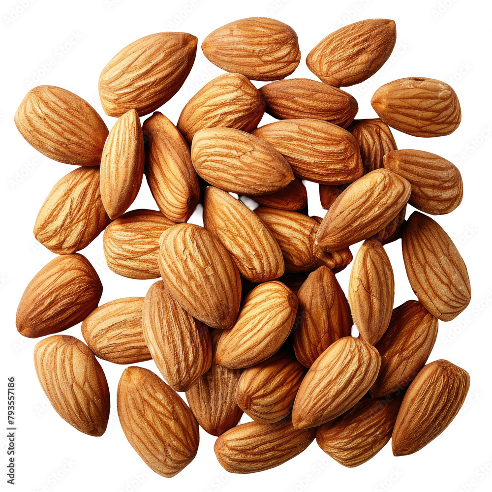 Fototapeta premium High quality raw organic almonds presented against a transparent background with precise clipping path detailing to ensure full depth of field
